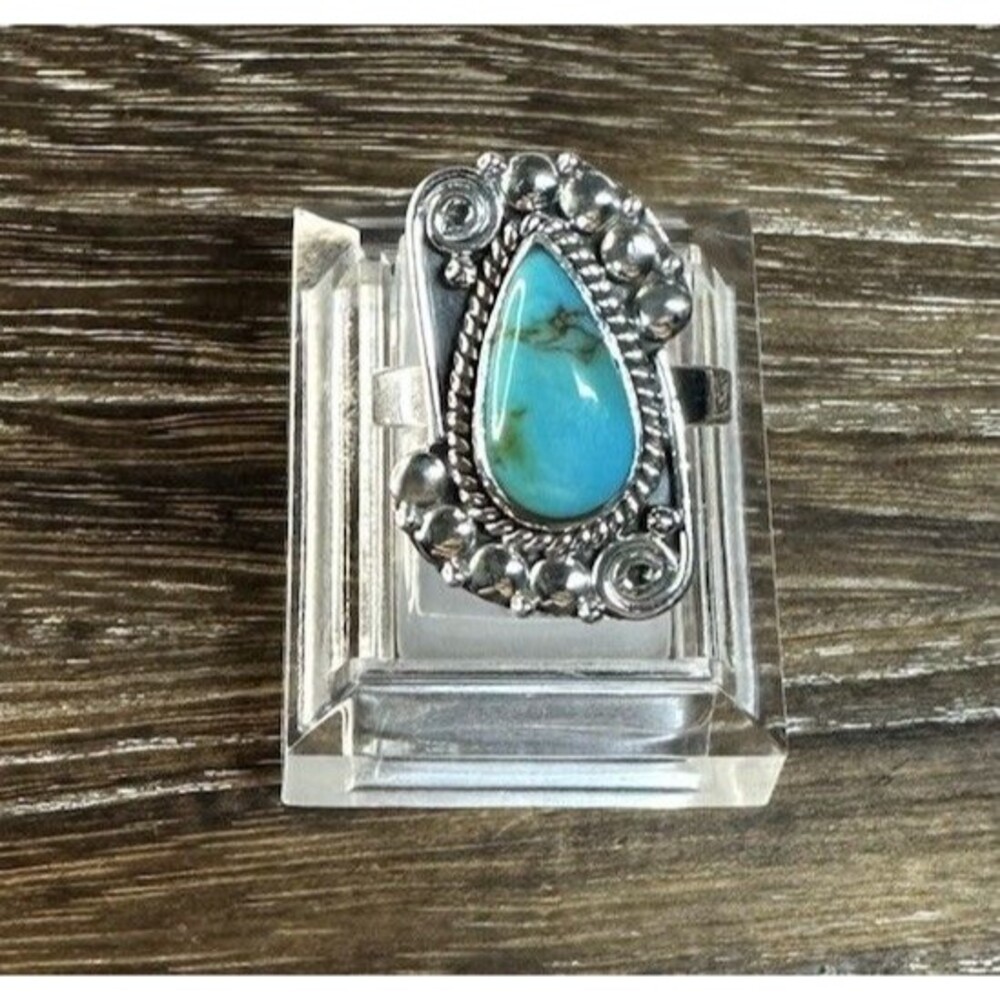 Native Southwest Style Sterling Silver Turquoise Bead & Swirl Teardrop Ring 6.5